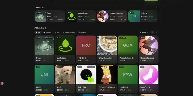 The image shows a cryptocurrency platform displaying trending tokens and launches, including $FROG, $GOA, $PAW, $UNI, $LEAK (THE LEAK), and $UNIBLOCK, with various prices and percentage changes. The post highlights that $LEAK is climbing in rankings despite widespread declines among Pool-series tokens like $FROG, $GOA, $PAW, and $UNIBLOCK, which have all dropped significantly.