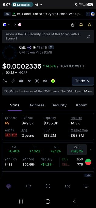 A cryptocurrency tracking app screen showing the OMI token priced at $0.0002335 with a 14.57% increase, a market cap of 63.27M, and various 24-hour trading stats.