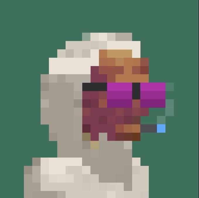 A pixel art image of a head wearing purple sunglasses against a dark green background.
