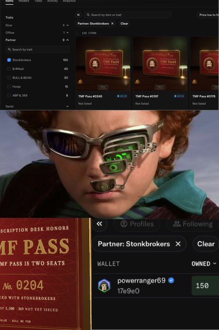 A collage of screenshots showing NFT marketplace listings for 'TMF Pass' items and a profile for 'powerranger69' under 'Stonkbrokers'.