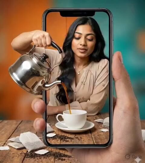 The image features a woman pouring tea from a teapot into a cup, with her hand holding the teapot over the cup. The scene takes place around a dining table that has various items such as cups, saucers, and bowls on it. There is also an image of a person's face superimposed onto this scene, creating an interesting visual effect. The post includes text elements like "Good Morning creator", "Can I get a GM @River4fun $RIVER @RiverdotInc @3look_io @XOOBNetwork".