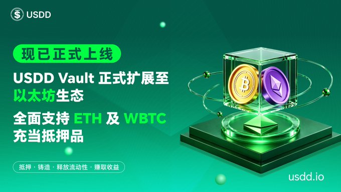 The image is a promotional graphic announcing that the USDD Vault has officially expanded to the Ethereum ecosystem, supporting ETH and WBTC as collateral. It features the USDD logo and branding, along with visuals of Bitcoin and Ethereum coins inside a futuristic transparent vault, reinforcing the post's message of expanded DeFi functionality and collateral options on Ethereum (usdd.io).