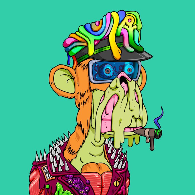 A colorful digital illustration depicts an anthropomorphic animal character wearing a cap covered in dripping paint, VR-style goggles, a spiked jacket, and smoking a cigar, set against a green background.
