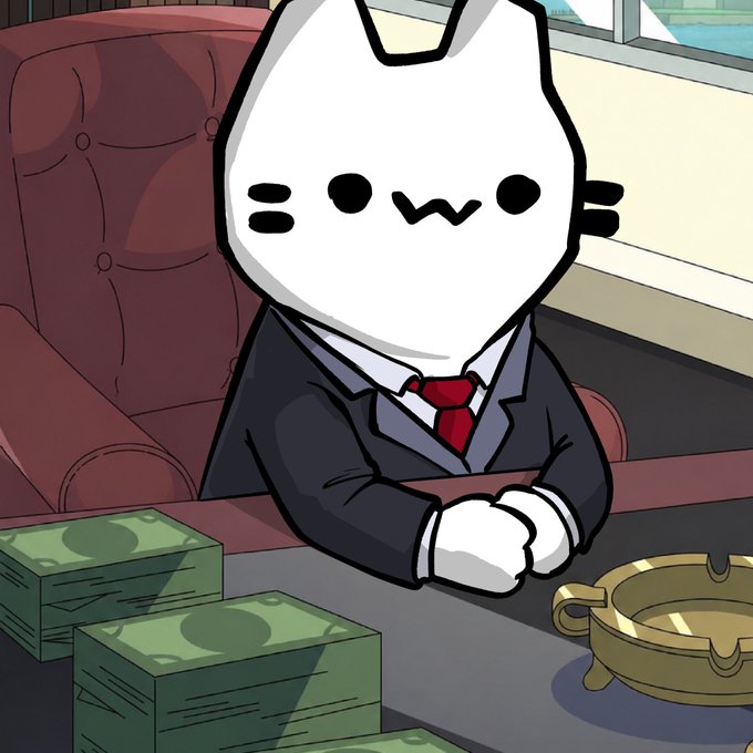 The cat is sitting at a table with money and an ashtray.