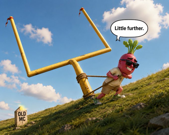 A 3D cartoon radish character wearing sunglasses pulls a giant field goal post uphill, with a speech bubble saying 'Little further.' near a tombstone marked 'OLD MC'.