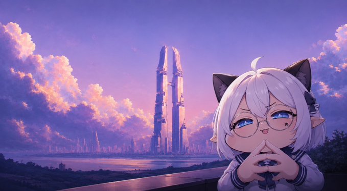 An anime-style illustration featuring a chibi character with white/silver hair, cat ears, and glasses in the foreground, set against a futuristic cityscape with tall towers and pink/purple clouds.