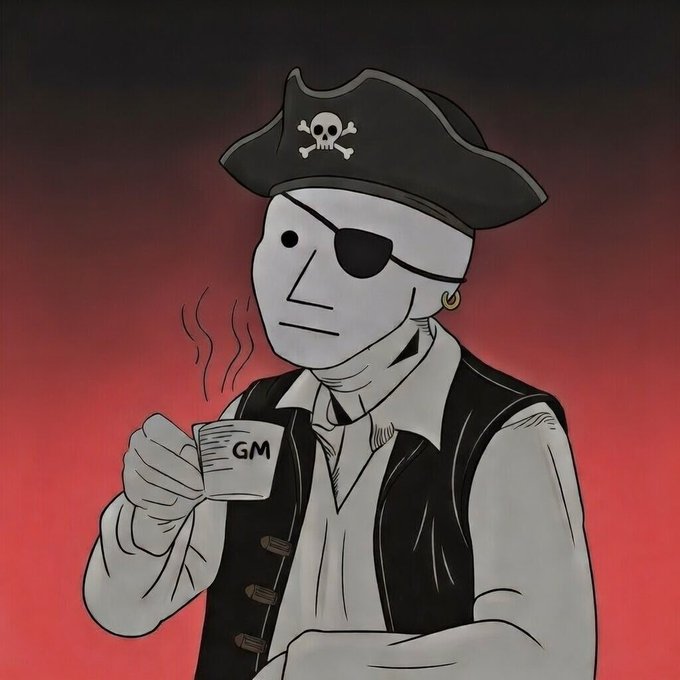 A digital illustration of a stylized, faceless pirate character wearing a black tricorn hat with a skull and crossbones, an eyepatch, and a black vest, holding a steaming white cup labeled 'GM'.