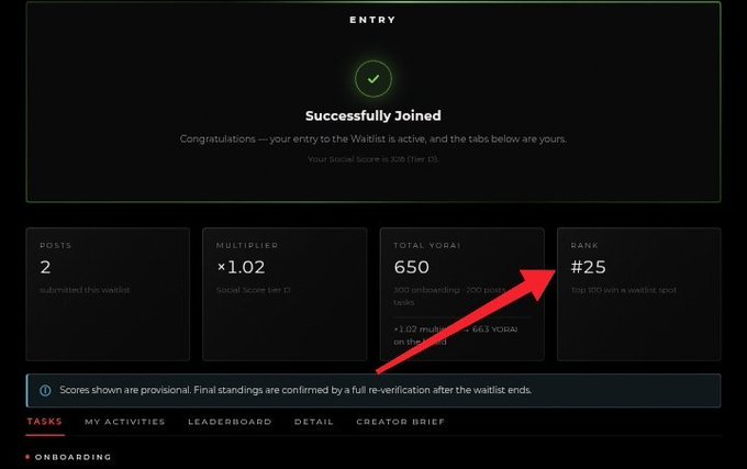 A 'Successfully Joined' waitlist confirmation screen showing 2 posts, a 1.02 multiplier, 650 total YORAI, and rank #25, with a red arrow pointing to the rank.