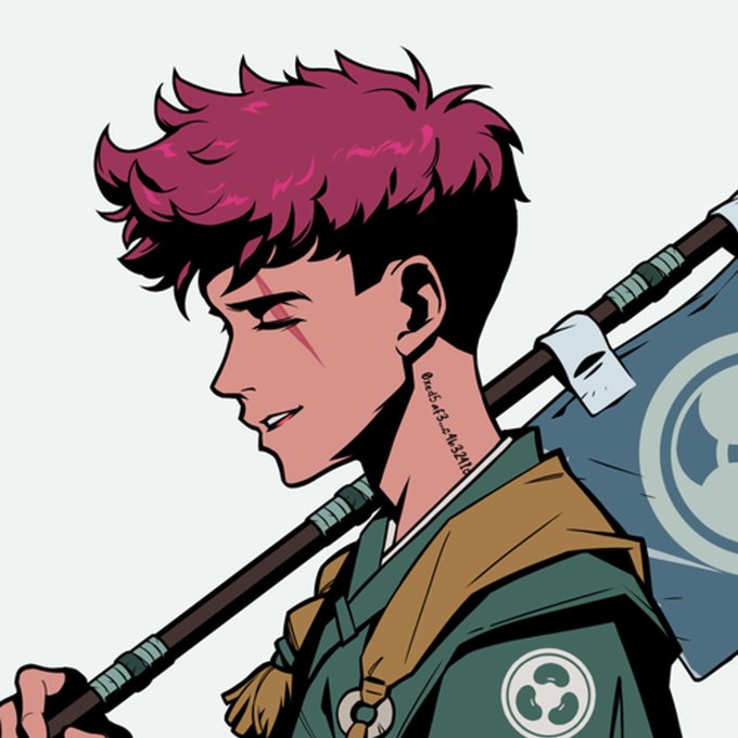 Anime-style illustration of a young man with spiky magenta hair and a facial scar, carrying a pole with a banner and wearing a green outfit with circular emblems.