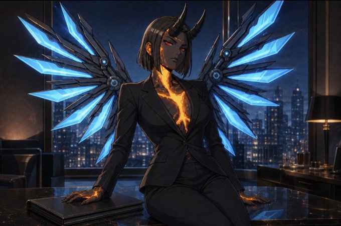 A digital illustration of a demonic woman with glowing blue crystalline wings, horns, and fiery accents on her body, wearing a black suit and posing confidently on a desk against a nighttime city skyline.
