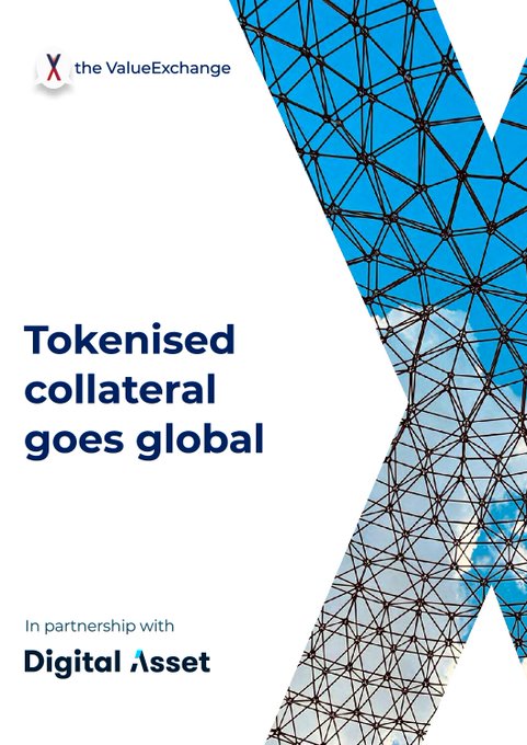 The image features a white background with blue text that reads "Takenised collateral goes global" along with an x symbol, possibly indicating a partnership or collaboration between two parties. The text also mentions "in partnership with Digital Asset". This suggests that there might be a connection to the digital asset market in this particular case.