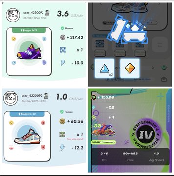 Two screenshots of the STEPN fitness app show user's sneaker stats with 3.6 GMT/Min and 1.0 GMT/Min earning rates, alongside Gems and Sneaker Level details, plus an LV5 unboxing achievement and a "LV 5" celebration screen, reflecting the poster's STEPN gameplay, gem organization, and recent Mints sneaker activity mentioned in their post.