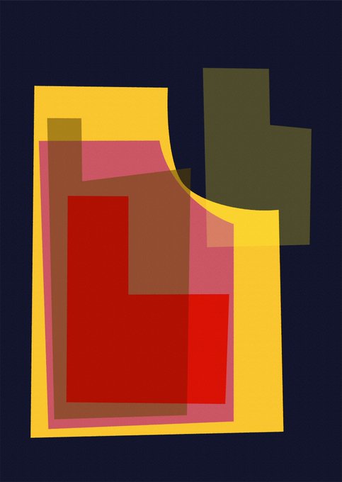 Abstract art featuring overlapping translucent rectangles in red, yellow, pink, and olive green on a dark navy background.