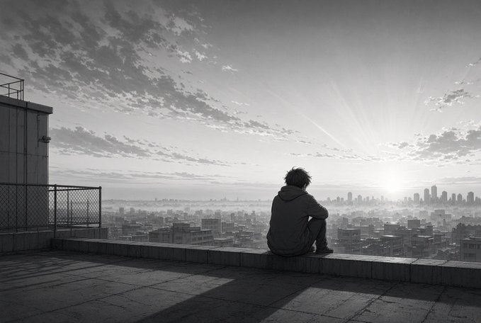 A black-and-white anime illustration of a person in a hoodie sitting on a rooftop ledge, looking out at a vast cityscape during a hazy sunrise or sunset.