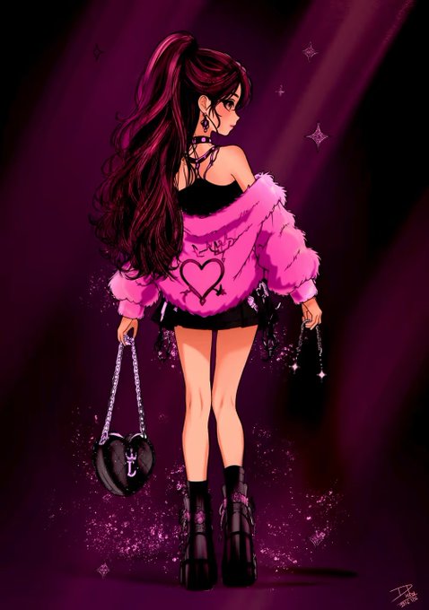 An anime-style illustration of a girl with a long dark ponytail wearing a pink fuzzy jacket with a heart design, holding a heart-shaped handbag against a purple background.