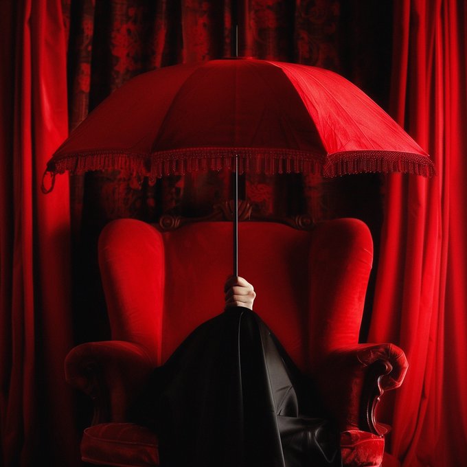 A moody, red-lit photograph of a person hidden under a black cloak, sitting in a velvet armchair while holding up a fringed red umbrella.
