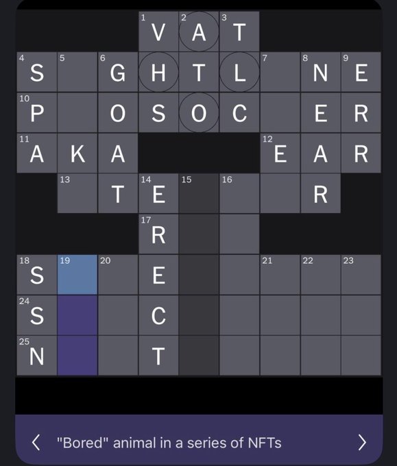 A crossword puzzle game with various letters filled in and a hint reading '"Bored" animal in a series of NFTs' at the bottom.