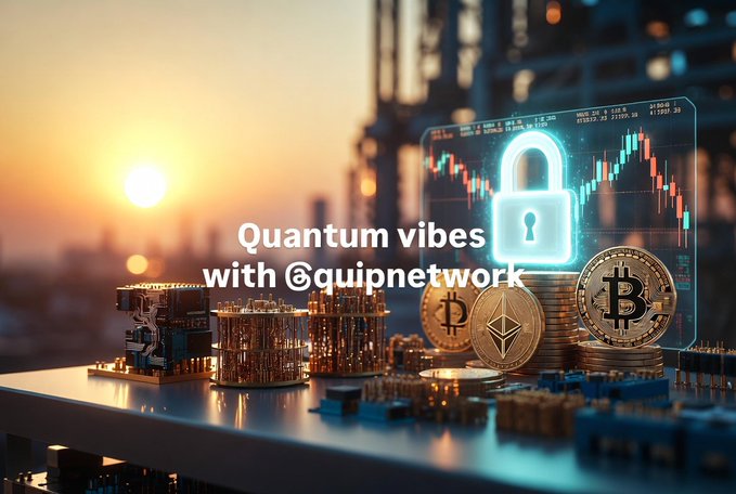 The image features a table with various items related to cryptocurrency, including several Bitcoins, a lock, and some other coins. The background of the image shows a sunset over a city skyline. Below the image, there's text that reads "Quantum vibes with @quipnetwork #QUIPNETWORK #QUIPNET". This post seems to be promoting the idea of using cryptocurrency for various purposes or spreading positivity through the use of digital currency.