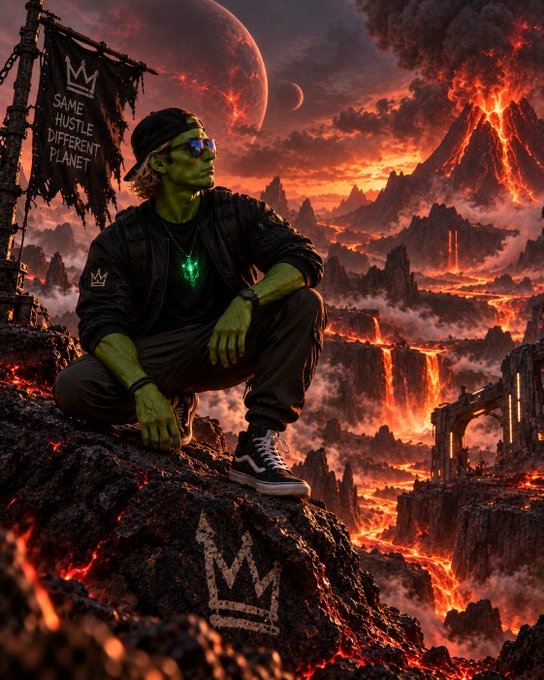 An AI-generated image shows a green-skinned figure in modern streetwear squatting on rocky terrain, overlooking a dramatic volcanic landscape with flowing lava, set against a sky with multiple planets and a banner reading 'SAME HUSTLE DIFFERENT PLANET'.