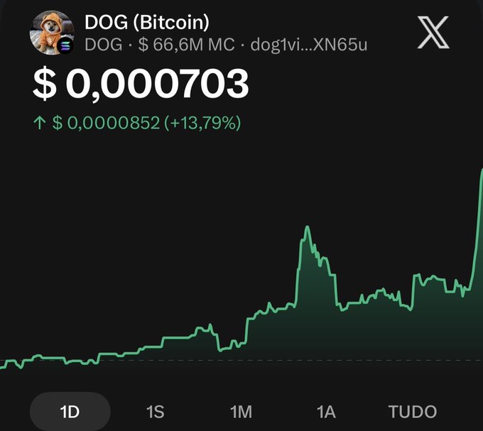 A chart showing DOG (Bitcoin) cryptocurrency at $0.000703, up $0.0000852 (+13.79%) with a $66.6M market cap, displaying a sharp upward spike on the 1D timeframe—visually illustrating the bullish momentum behind the $DOG post.