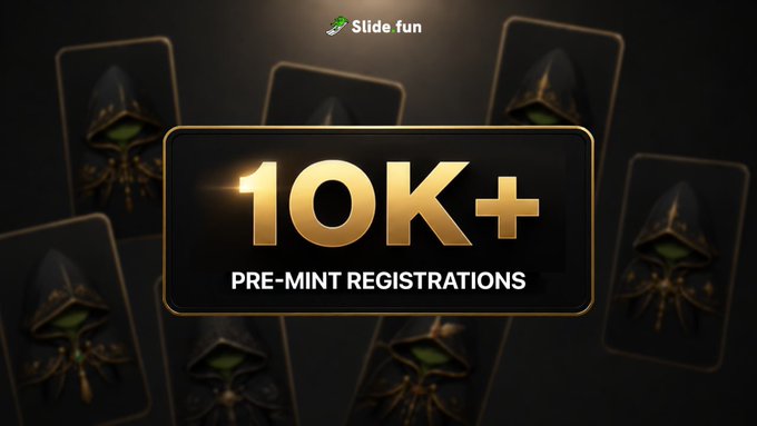 A "Slide fun" branded graphic announces "10K+ Pre-Mint Registrations" in gold lettering on a black badge, surrounded by hooded NFT character cards. The image visually celebrates the milestone mentioned in the post, highlighting the rapid pre-mint success within 24 hours and encouraging viewers to register before the August 24 deadline.