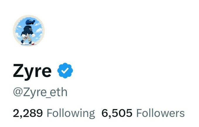 A Twitter/X profile for 'Zyre' (@Zyre_eth) with a verified blue checkmark, displaying 2,289 Following and 6,505 Followers, with a profile picture showing a cartoon character.
