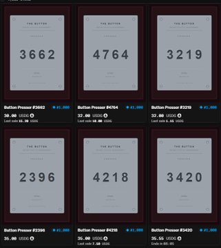 The image shows six framed "PRESS" tokens displayed in two rows, labeled "Button Press F3682," "F6784," "F3299," "F2396," "F6298," and "F3420," each priced between $1,200 and $1,000. It relates to the post by serving as a visual showcase of the user's profitable trades, emphasizing their "real time early plays" shared on their Telegram channel.