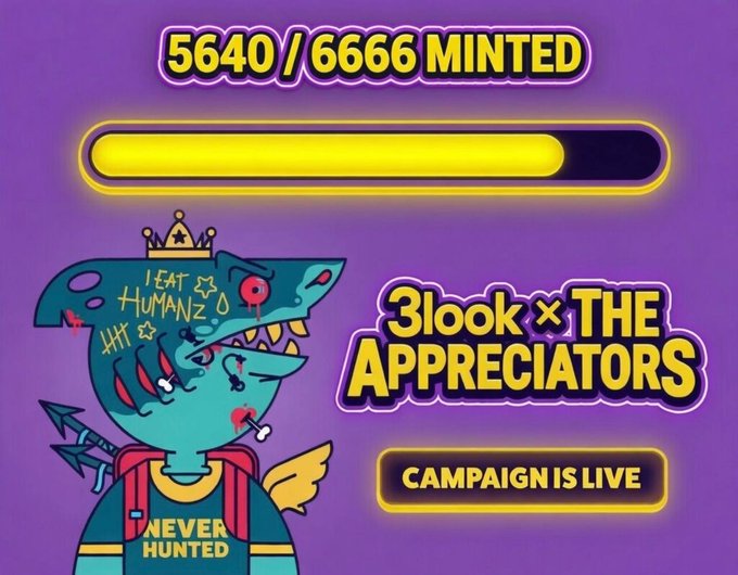The image features a graphic design that includes cartoon characters such as a shark with a large brain (which might be a shark's head) and another character. The design also displays text elements, including a label that says "Campaigns Is Live", indicating an ongoing or recently launched campaign. In the background of the image is a purple color scheme, likely related to the graphic design theme. Additionally, there are numbers present within the image which may signify some form of value or achievement associated with the campaign. The post itself reads: 
"3look X @The Appreciators_IO Official Campaign is NOW LIVE !!! Only 1,026 Left! Campaign Ends June 3rd - Don't Miss Out! Massive Rewards 10,000 $APE". The image's title and content are consistent with a gaming or cartoon-related campaign.
