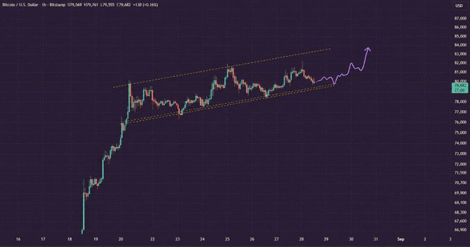 A Bitcoin/U.S. Dollar (BITSTAMP) hourly chart displays BTC price action trading within a yellow rising channel pattern on the O9,S68 exchange, with a purple arrow at the end of the candlestick pattern projecting upward potential and illustrating the bullish structure mentioned in the post.