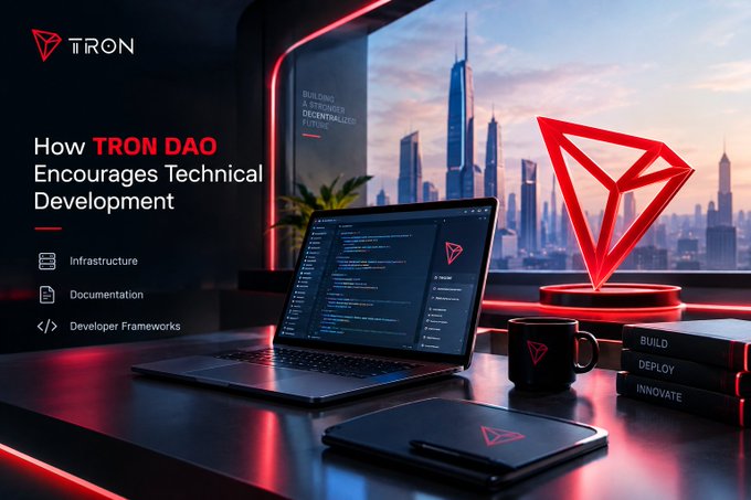 A promotional graphic displays "TRON DAO" and the headline "How TRON DAO Encourages Technical Development" alongside icons for "Infrastructure," "Documentation," and "Developer Frameworks," with a laptop showing code and a red Tron logo in a futuristic city setting.