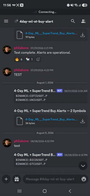 A Discord channel called #4day-ml-st-buy-alert shows two "4-Day ML + SuperTrend Buy Alerts" bot messages: one from August 1, 2026, flagging COTI/USDT and UNI/USDT, and another from August 8, 2026, flagging BTC/USDT and GTC/USDT on Binance, supporting the post's mention of the early UNI buy signal firing on the 4-day timeframe.