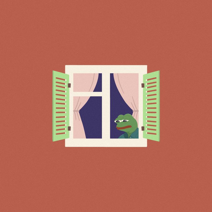 A minimalist hand-drawn illustration of a window with green shutters on a red background, featuring a small green frog character peering through, aligning with the post's promotion of unique hand-drawn window designs.