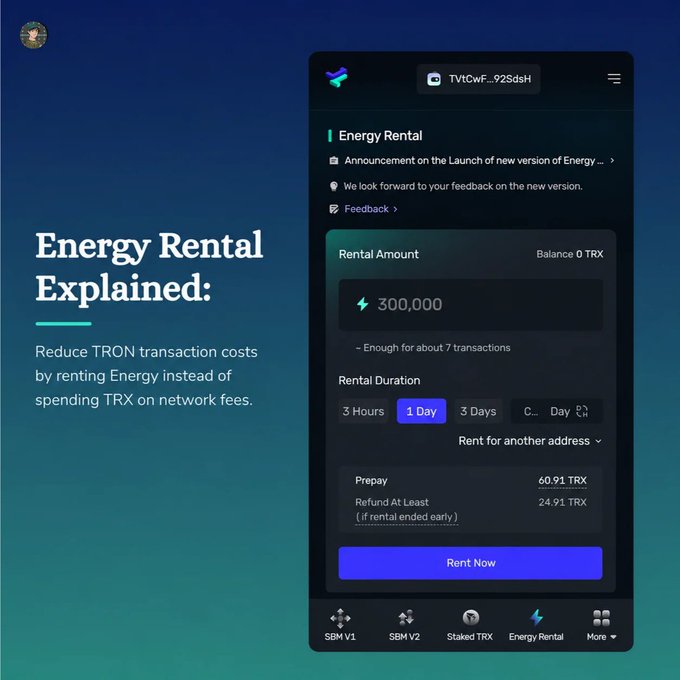 An infographic explaining 'Energy Rental' on the TRON network, showing a mobile app interface with rental amount of 300,000, 1-day duration, prepay of 60.91 TRX, and refund of 24.91 TRX.