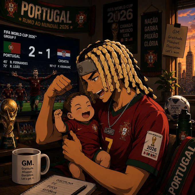 An anime-style illustration depicting a Portugal soccer fan celebrating a 2-1 victory over Croatia at the FIFA World Cup 2026, surrounded by team memorabilia and motivational banners.