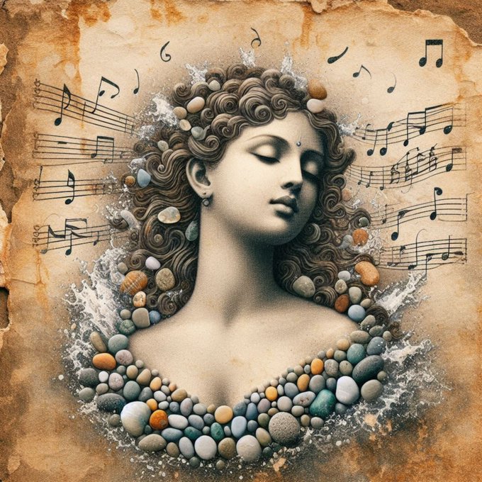 An artistic illustration of a classical female bust with closed eyes, her hair and chest adorned with seashells, pebbles, and stones, set against a weathered parchment background with musical notes floating around her.