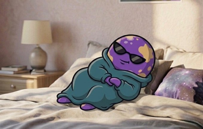An illustration of Thanos wearing sunglasses and wrapped in a blanket sitting on a bed.