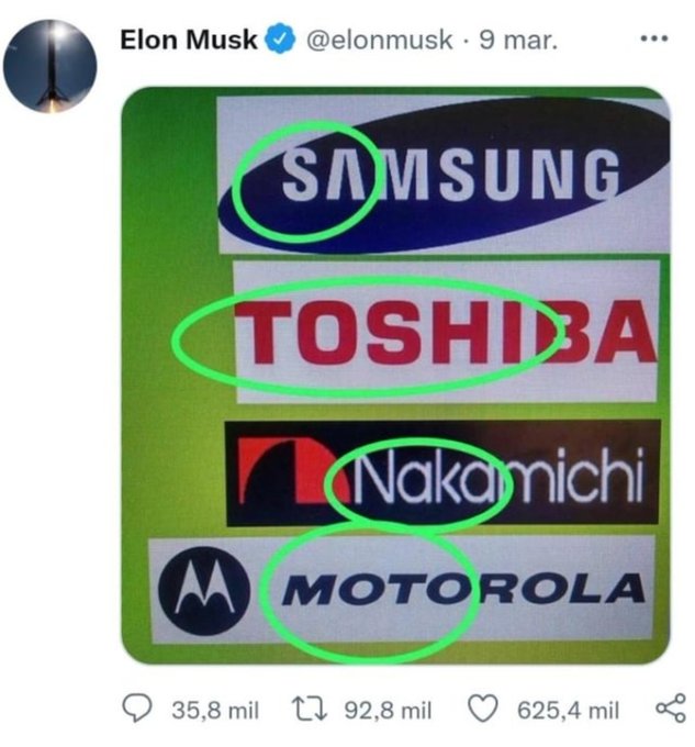 A tweet from Elon Musk (@elonmusk) showing an image with logos of Samsung, Toshiba, Nakamichi, and Motorola, with the first letters "S," "T," "N," and "M" circled in green. The letters spell out "STEM," which the accompanying post suggests nods to "Satoshi Nakamoto," the pseudonymous creator of Bitcoin.