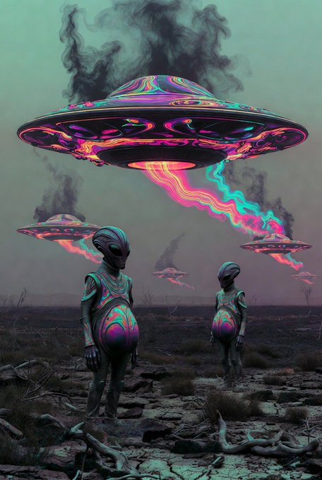 A surreal digital artwork depicting two humanoid aliens standing on cracked earth beneath multiple colorful, iridescent UFOs emitting wavy, rainbow-colored energy beams into a smoky sky.