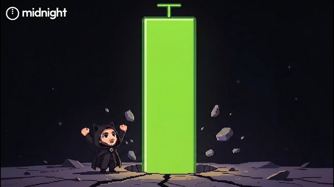 A hooded cartoon figure with arms raised stands beside a giant green pillar topped with a "T," set against a starry night sky with floating rocks, while the "midnight" logo appears in the upper left corner. The towering green monolith visually represents the accumulation of $NIGHT, symbolizing growing demand from Zcash and Monero holders.