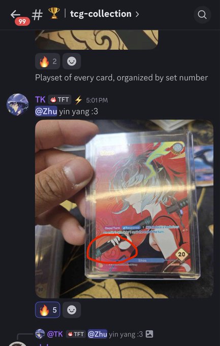 A Discord post in the #tcg-collection channel shows TK sharing a photo of an Azuki TCG card in a protective sleeve, with a red circle highlighting the distinctive swirl (beanfoil) pattern at the bottom, demonstrating that every portrait rare has a unique beanfoil pattern. The post received 5 fire reactions and references @Zhu yin yang.