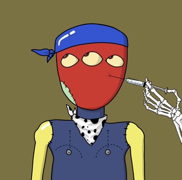 A crude cartoon drawing of a red-faced character wearing a blue bandana and overalls, being offered a cigarette by a skeletal hand.