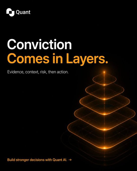 A sleek black advertisement for Quant featuring the headline "Conviction Comes in Layers." with the tagline "Evidence, context, risk, then action," alongside a glowing orange stacked-layer graphic visualizing the buildup of information and analysis, reinforcing the message that quality decisions require layered scrutiny—not surface-level narratives—before taking action.