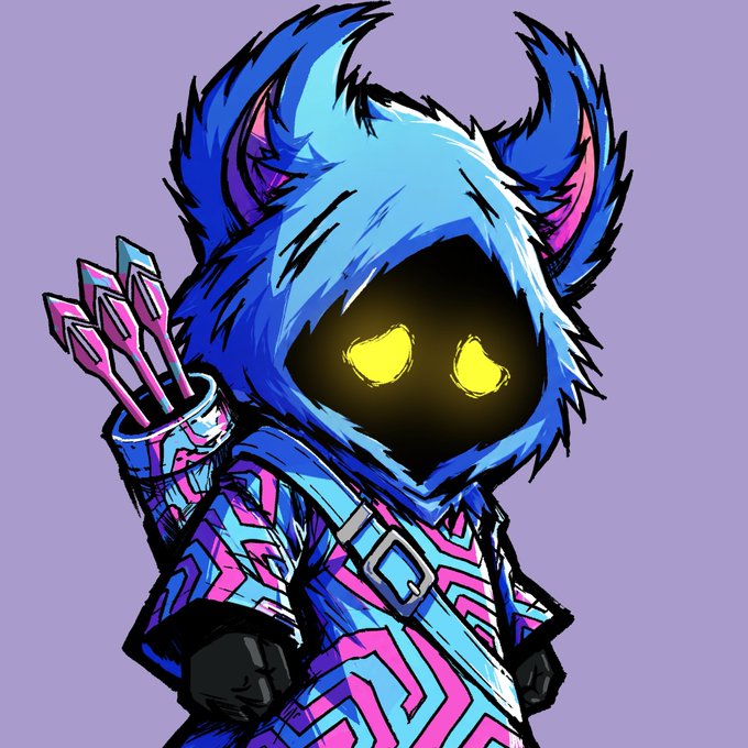 An illustrated character wearing a blue furry hood with pink inner ears, glowing yellow eyes, and a pink and blue geometric patterned outfit with a quiver of arrows.