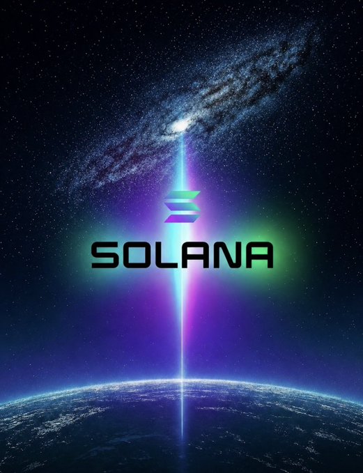A cosmic digital illustration features the Solana blockchain logo and text against a starry galaxy background with a glowing light beam descending to Earth.
