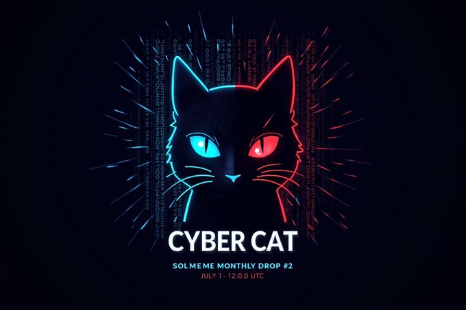 A neon cyberpunk graphic of a cat's face split between blue and red, with "CYBER CAT" and "SOLME.ME MONTHLY DROP #2 — JULY 1 - 12:00 UTC" displayed, visually tying to the post's announcement of the Cyber Cat Solana mint powered by GPT-5.5-Cyber.