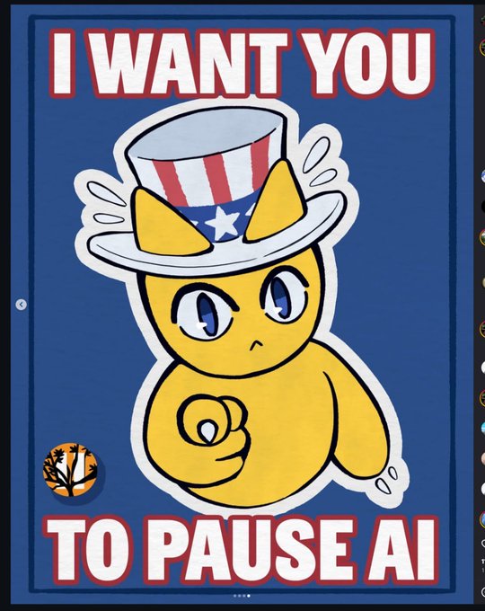 The image is a parody of the iconic "I Want You" Uncle Sam recruitment poster, featuring a cartoon yellow cat wearing an Uncle Sam hat and pointing at the viewer. The text reads "I WANT YOU TO PAUSE AI," directly tying into the accompanying post's thesis about using a cat mascot ($Paws ticker) for the anti-AI movement led by @PauseAI.