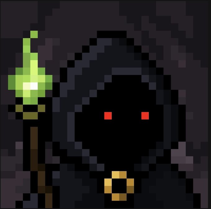 Pixel art image of a hooded grim reaper figure with glowing red eyes, holding a staff topped with a green flame.