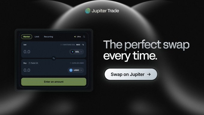 Advertisement for Jupiter Trade with a dark background showing a swap interface for SOL to USDC tokens, accompanied by the text 'The perfect swap every time.' and a 'Swap on Jupiter' button.
