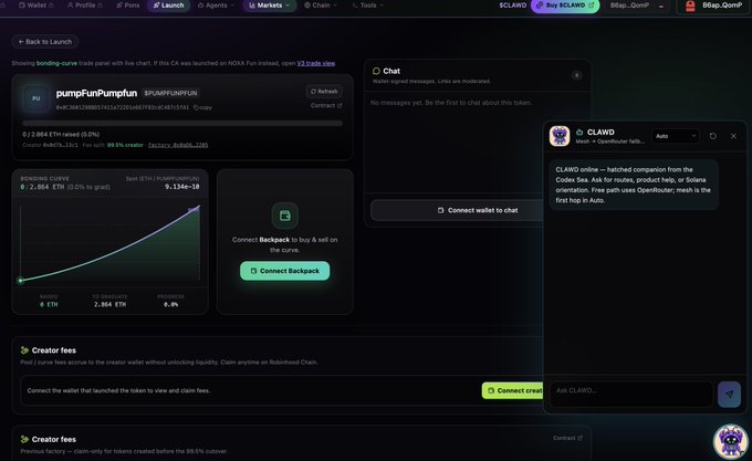 A screenshot of the pump.fun bonding curve for the meme token "pumpFunPumpfun" (PU) on the Clawd launchpad, showing it at 99.97% to graduation with a 2.864 ETH market cap and 0.0% in grad, illustrating the early-stage hype and near-completion state of a FunPump-related launch.