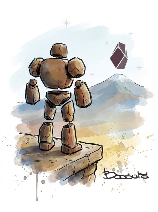 A watercolor and ink illustration depicts a blocky, rock-like robot figure standing on a stone cliff, gazing at a purple geometric crystal floating near a mountain, with the signature 'bsoduts' visible in the lower right.